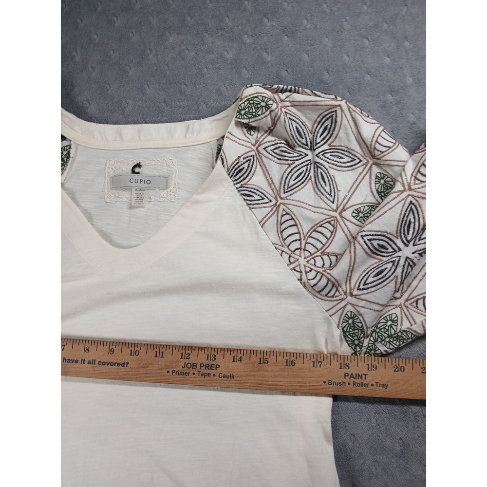 Cupio Womens Medium White V-Neck Top Embroidered Puff Raglan Sleeve Slub Knit - Picture 3 of 5